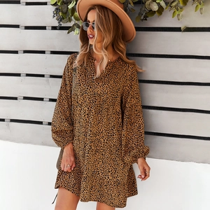 Relaxed leopard print long sleeve A-line V-neck maxi dress worn by a model in nature