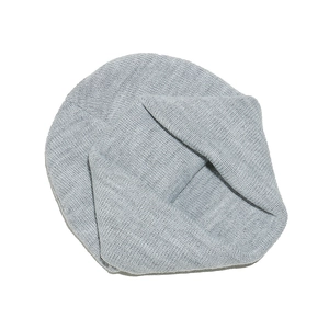 Close-up of light grey knit texture showing thick soft ribbed pattern for winter beanies