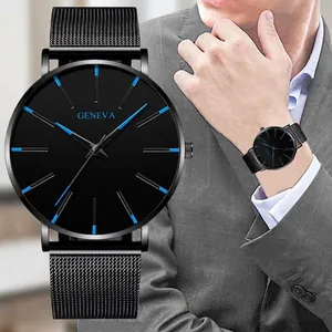 Minimalist ultra-thin men's business quartz watch with black mesh strap and blue markers