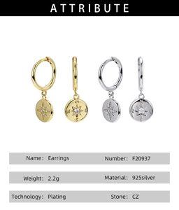 Detailed view of S925 silver compass star earrings with CZ inlay and plating finish