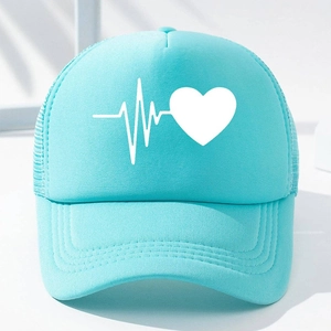 Detail of light blue mesh trucker hat featuring white heartbeat and heart print design