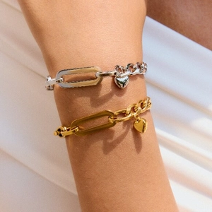 Elegant gold and silver link bracelets with heart pendant and OT toggle clasp closure