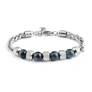 Detail of blue tiger eye beads and silver stainless steel braided chain on men's bracelet