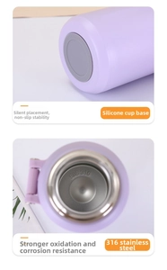 Detail of 316 stainless steel inner lining and anti-slip silicone base of the purple flask