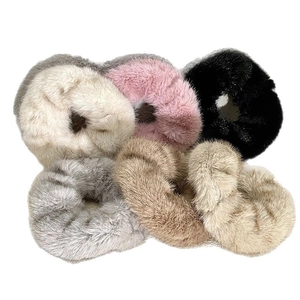 Set of 6 plush faux fur scrunchies in cream pink black gray and brown colors