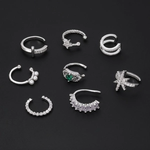 Set of 8 silver geometric ear cuffs with micro-set zircons and faux pearls for women