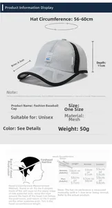 Size chart for mesh baseball cap with brim depth and circumference measurements