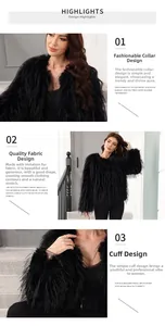 Détails du manteau en fourrure synthétique noire montrant le col, la texture et les manches