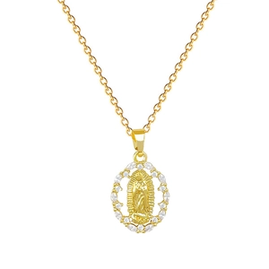 Gold stainless steel oval Virgin Mary pendant necklace with sparkling crystal frame