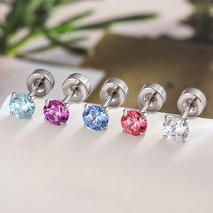 Set of five colorful 4mm zircon stud earrings with screw backs and four-prong settings