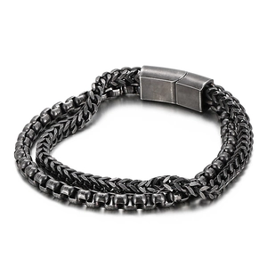 Mens double-layered vintage titanium steel cuban link bracelet in retro silver and gun black