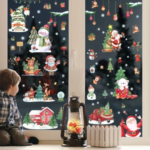 Aquarell Weihnachts Fensterbilder Set mit Weihnachtsmann, Schneemann und rotem Truck