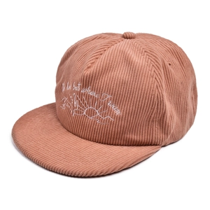 Close-up of cactus embroidery on pink corduroy flat brim baseball cap with text
