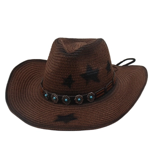 Brown woven cowboy hat with turquoise beads, black star patterns and adjustable chin cord