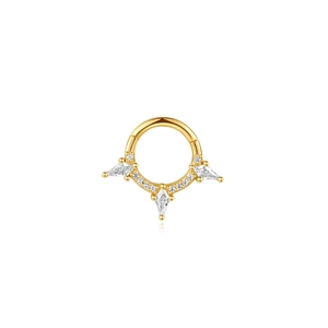 Close-up of golden s925 silver septum hoop with marquise cut opal and sparkling zircons