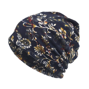 Women Slouchy Beanie Hat Vintage Floral Print Polyester Knit Soft Double Layer Warm Skull Cap Scarf For Autumn Winter