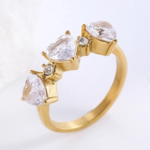 Adjustable golden stainless steel heart ring with sparkling zircons in a 45-degree view