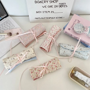 Makeup Brush Storage Bag Roll Up Case Floral Print Canvas Cotton Portable Travel Pouch Ribbon Tie Organizer
