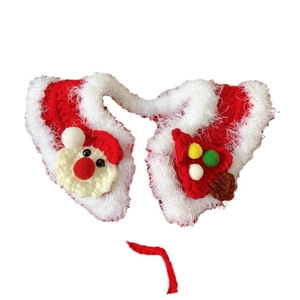 Handmade knitted Christmas pet scarf featuring Santa Claus and Christmas tree motifs
