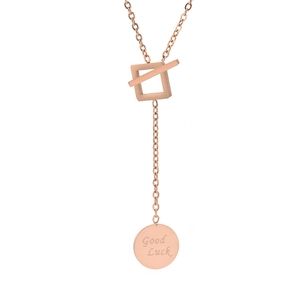Rose gold titanium steel necklace with T-bar clasp and Good Luck round pendant