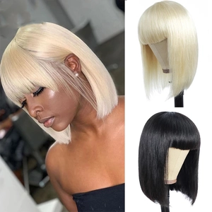 Short straight Bob wig with bangs in platinum blonde and natural black colors