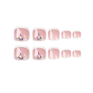 Faux ongles d'orteils French rose avec pointes blanches et accents de strass brillants
