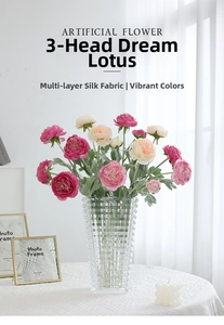 Macro detail of three-headed artificial Ranunculus flowers in a glass vase decor