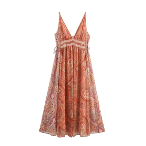 Vestito Maxi Stampa Paisley Pizzo Scollo V Senza Maniche Spalline Sottili Bohemien Estate Abito Lungo Donna