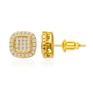 Iced out square stud earrings with 18k gold plating and micro-pave cubic zirconia crystals