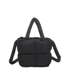 Modern black quilted puffy tote bag with soft padded handles and cloud square design