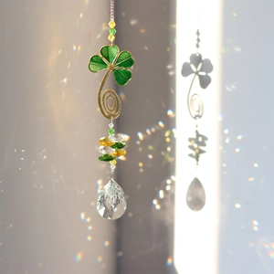 Golden clover crystal suncatcher with green beads and tear-drop pendant for window decor