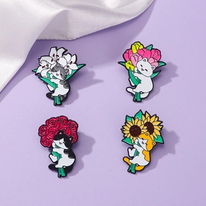 Cute Cartoon Cat Brooches Enamel Pins With Flower Bouquet Sunflower Rose Lily Tulip Zinc Alloy Badge For Clothes Bags