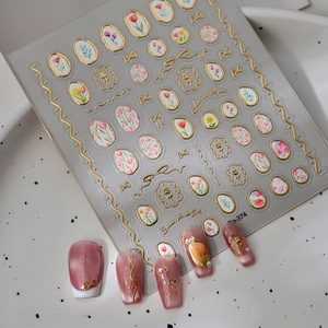 5D embossed tulip nail stickers with gold foil lines and floral bow patterns