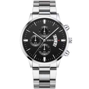 Men's Geneva stainless steel watch with black chronograph dial and date window