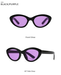Front and side views of oval marble pattern sunglasses with black frames and purple lenses