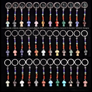 Wholesale natural crystal mushroom keychains in 36 styles with chakra beads and key rings