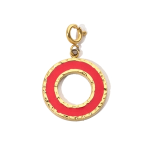 Detailed macro view of a red enamel heart charm with gold hammered rim and spring clasp