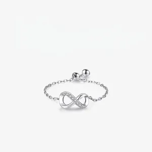 925 Sterling Silver Infinity Symbol Adjustable Chain Ring With Cubic Zirconia Pave Setting Jewelry For Women