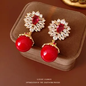 Vintage Floral Drop Earrings With Red Zircon Glass Bead And 925 Sterling Silver Earring Post Retro Luxury