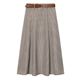 Jupe Trapèze À Carreaux Pied-De-Poule Taille Haute Vintage Midi Avec Ceinture En Cuir PU Polyester Femmes