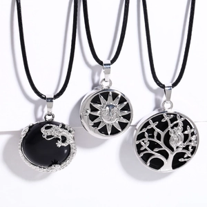 Anhänger Halskette Schwarzer Onyx Kupfer Vintage Drache Sonne Mond Lebensbaum Design Leder Seil Schmuck Für Damen Herren