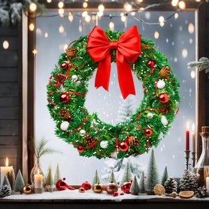 Close-up of a festive Christmas wreath with pine cones and red bows on a snowy window