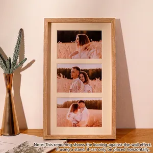 Minimalist wooden triple photo frame with three vertical slots and natural wood grain finish