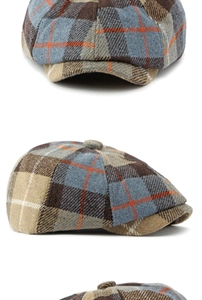 Vertical view of vintage wool blend newsboy cap showing plaid pattern and texture