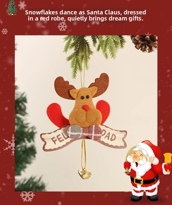 Detail of felt reindeer Christmas ornament with Feliz Navidad wooden sign and gold bell