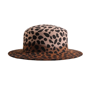 Minimalist wool flat top wide brim hat featuring a vintage leopard print pattern on white background