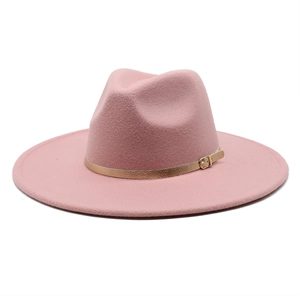 Detail of pink wool fedora with a 9.5cm wide brim and golden metallic buckle belt