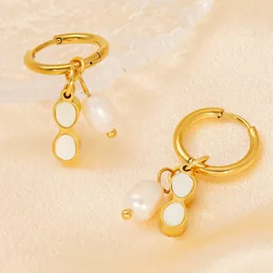 French vintage style 18K gold plated pearl earrings with white peanut charms for women