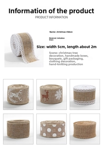 Detail of faux linen Christmas ribbons with deer and snowflake patterns for gift wrapping