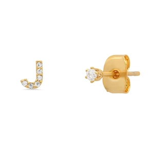 Close-up of gold-plated S925 silver stud earring set with letter J and sparkling zircon